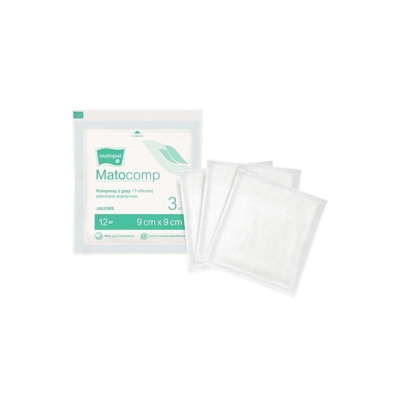 Matocomp kompres z gazy 9x9 cm jałowy 12W 17N a'3szt saszetka Peel Pack